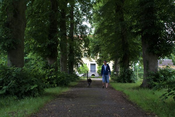 Ein Man und sein Hund wandern auf der Allee zum Schloss von Rieth. Heute beherbergt das Schloss Ferienwohnungen.