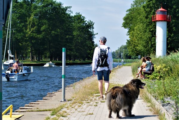 Ein Mann und sein Hund spazieren an der Westmole am Fluss Uecker.