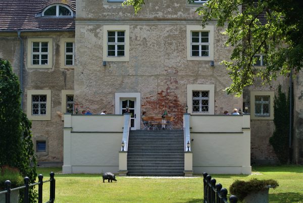 Die Rückfront eines Wasserschlosses.