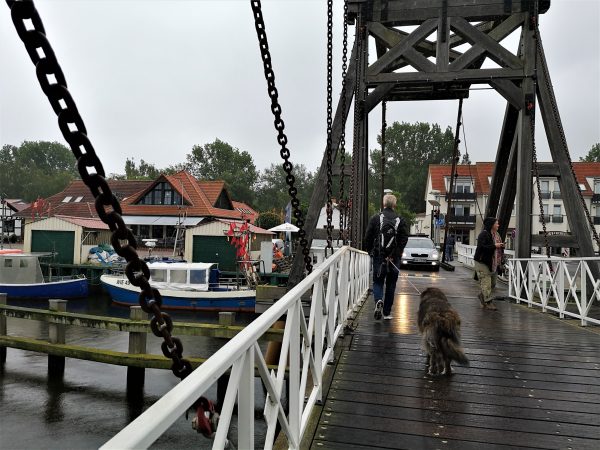 Ein Mann und ein Hund gehen über eine Zugbrücke aus Holz.