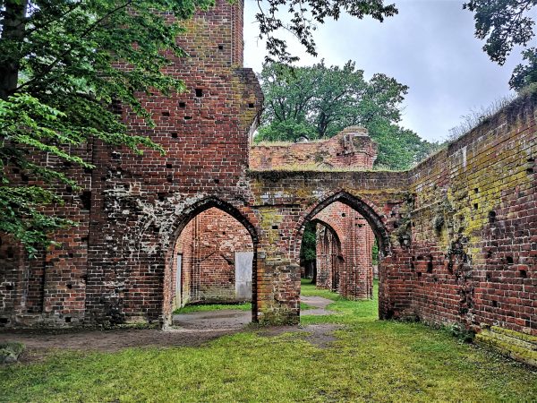 Ruinen eines Klosters stehen in einem Park.