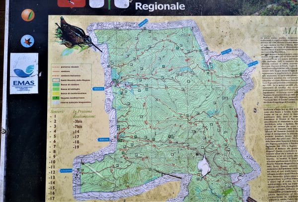 Eine Infotafel erläutert das Wegenetz im italienischen Naturpark Macchia della Magona.