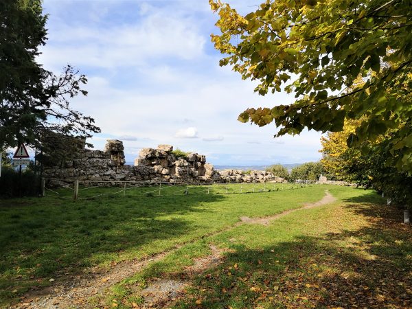 Historische Mauerreste stehen an einem Hang.