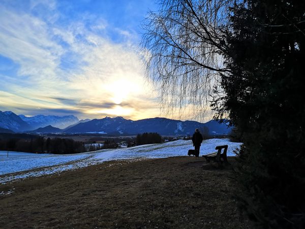 Ein Mann und ein Hund stehen im Sonnenuntergang auf einer Wiese und schauen auf die Berge.