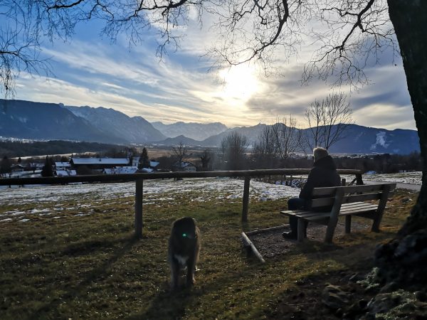Ein Mann sitzt auf einer Bank in der Wintersonne und schaut auf die Berge.
