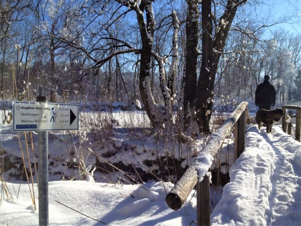 Ein Mann und sein Hund überqueren im Schnee eine Brücke.