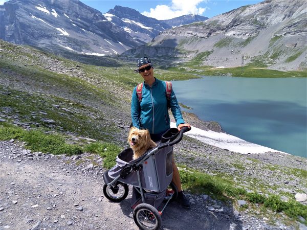Eine Frau mit Hund im Buggy, im Hintergrund ein malerischer See